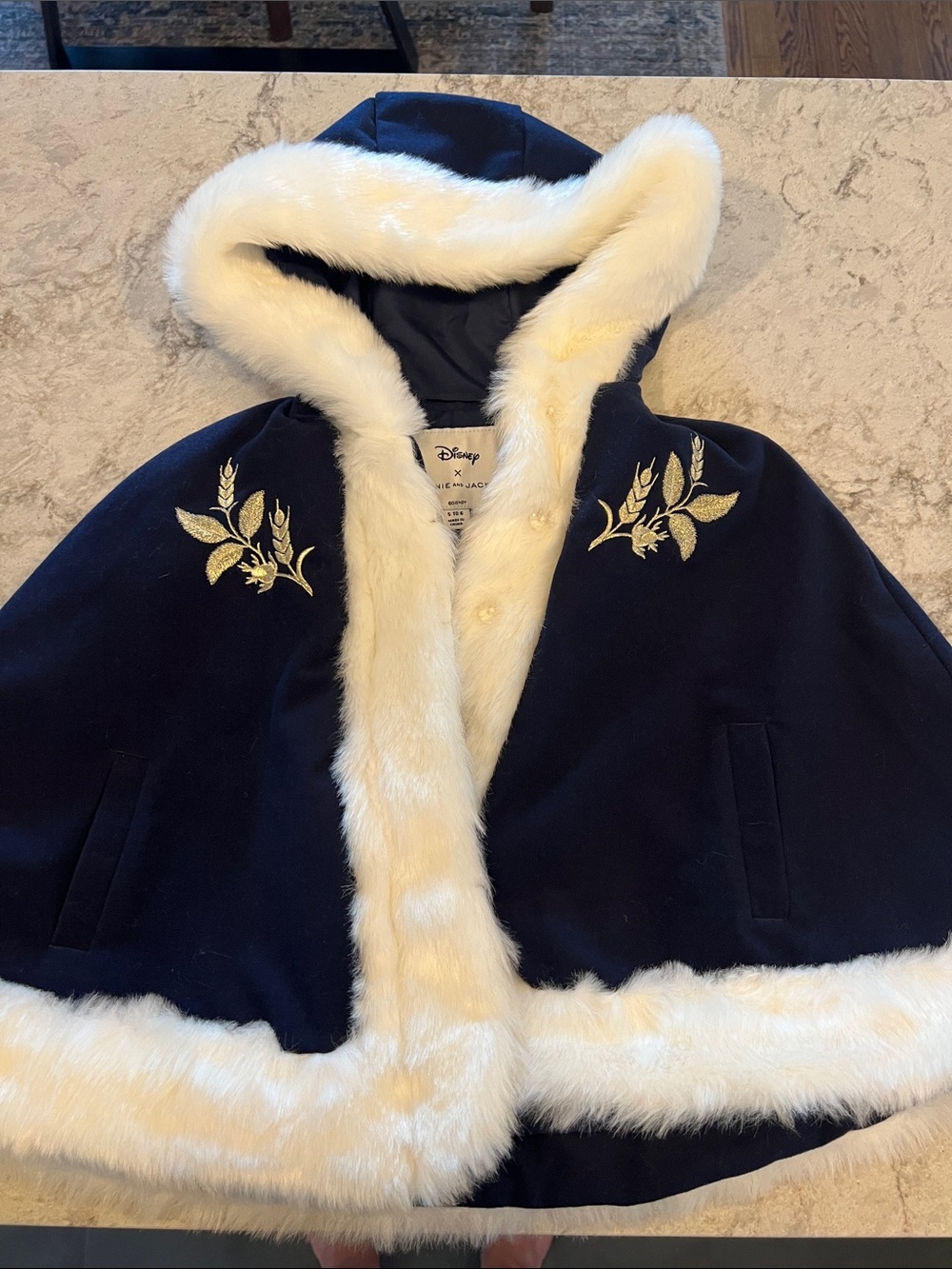Disney Navy Hooded Cape with White Faux Fur Trim and Gold Embroidery